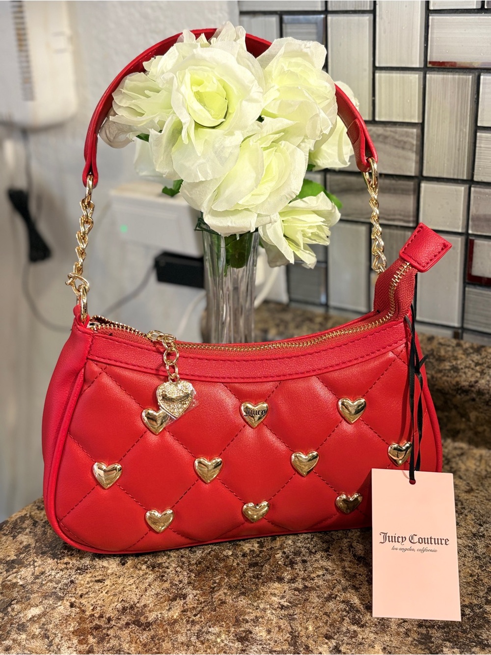 Juicy Couture Red Quilted Heart-Trim Shoulder Bag